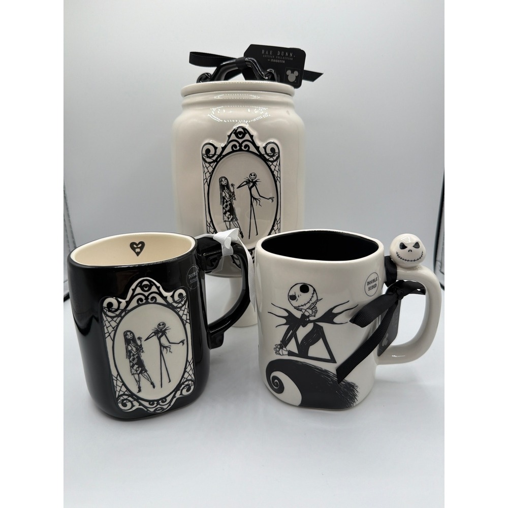 Rae Dunn Disney Nightmare Before Christmas 3 Pc Set Jack Sally Mugs Canister NWT